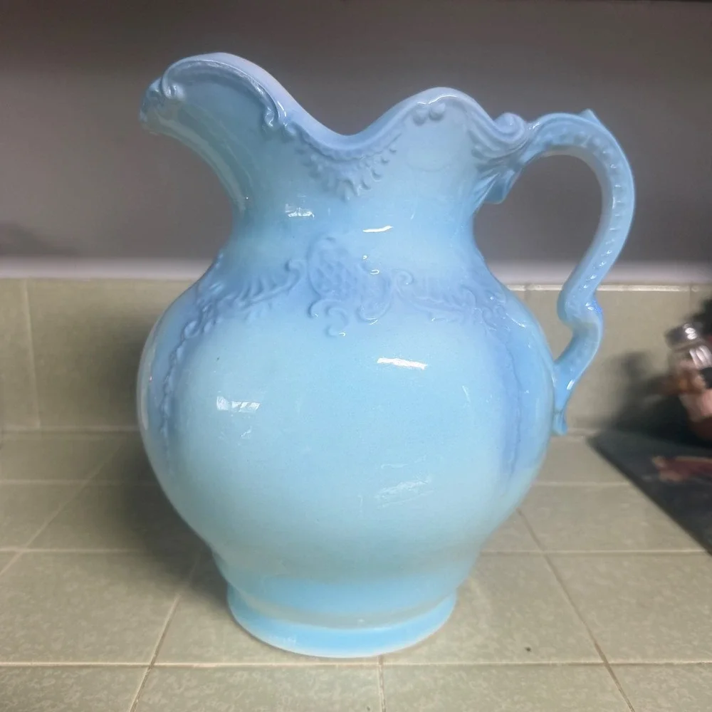 Vintage Blue Embossed Ceramic Pitcher Scalloped Rim Floral Vase 10.5 Inch 60789